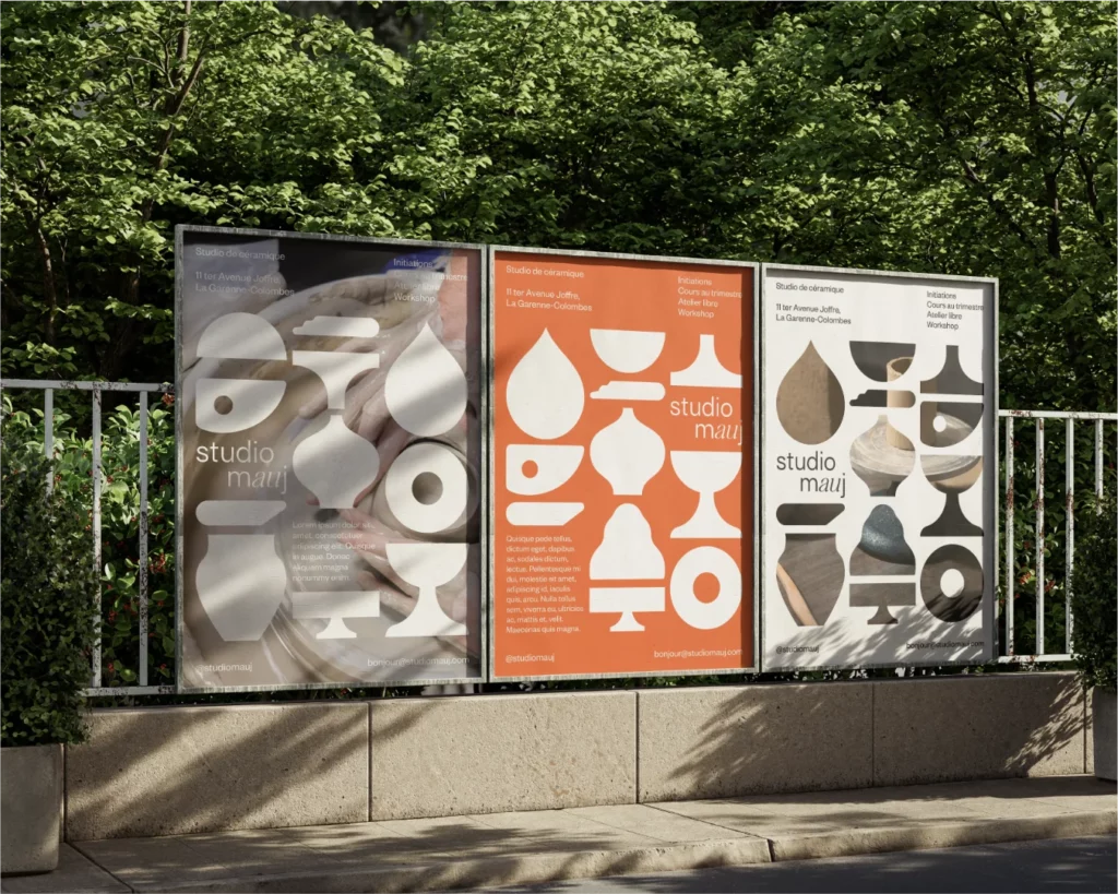 Principe d'affiches pour l'identité visuelle de Studio Mauj - atelier de céramique à Paris