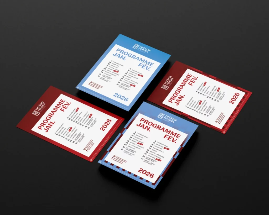 Flyers et programmation théâtre fémina identité visuelle