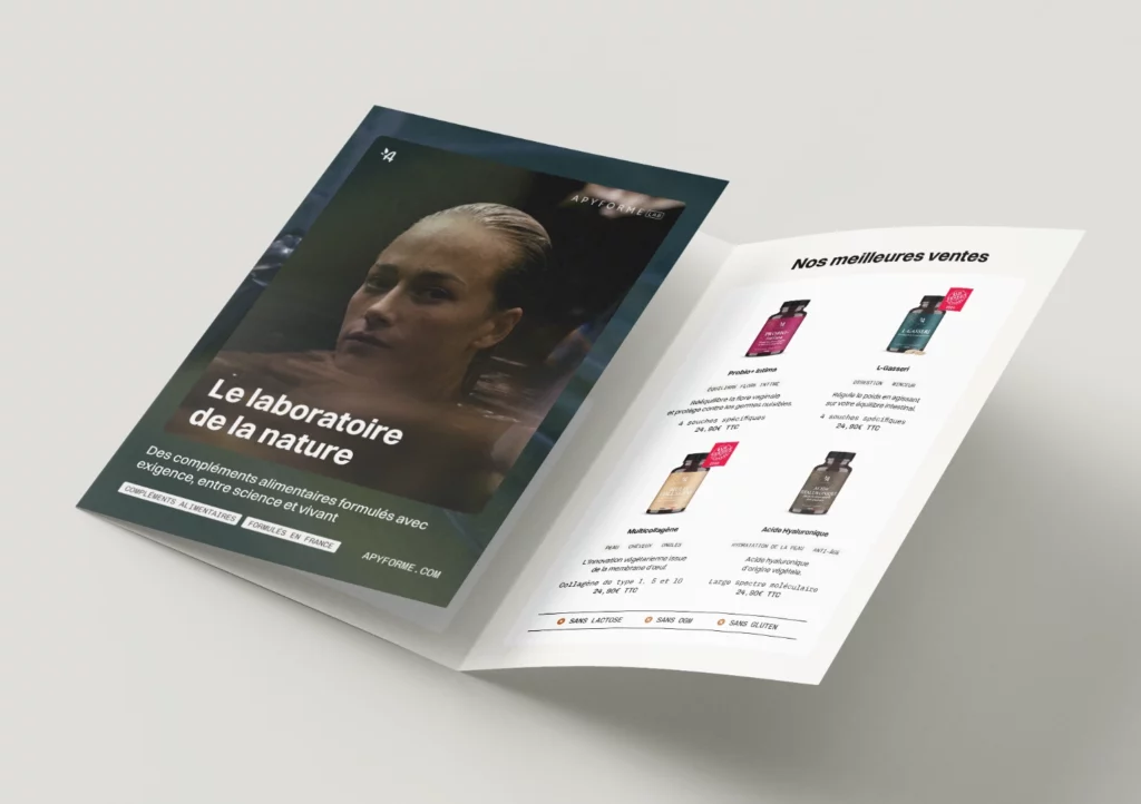 dépliant et mise en page commerciale pour marque cosmétiques nutricosmétique laboratoire