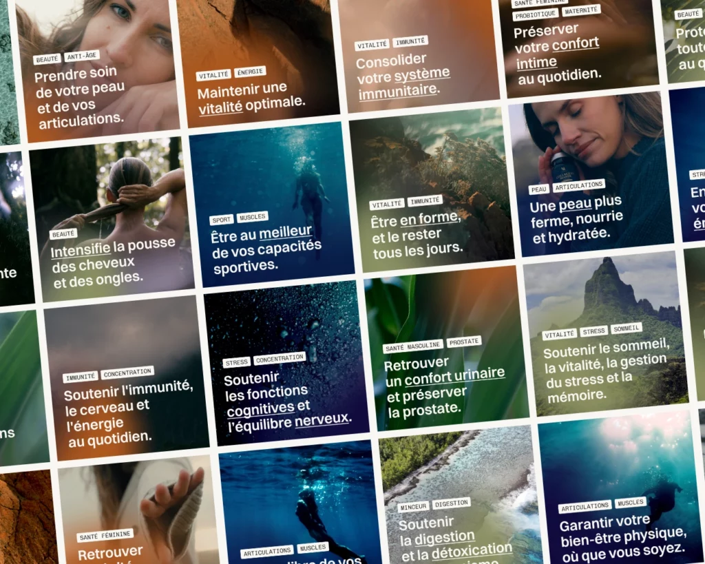 mise en page naturelle et colorée pour marque cosmétiques nutricosmétique laboratoire